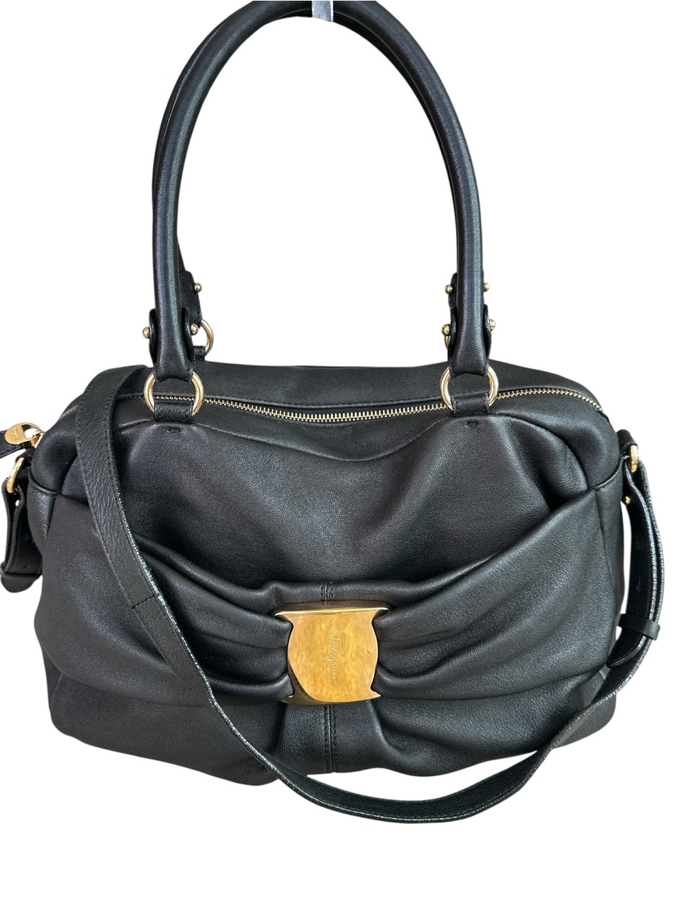 Salvatore Ferragamo Black Leather Shoulder Bag with Gold Hardware